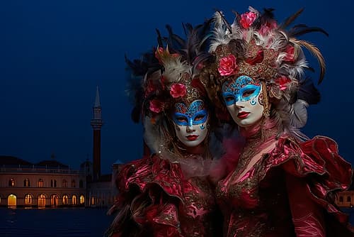 Two women in Venice Carnival costumes. AI Generated. Art Print